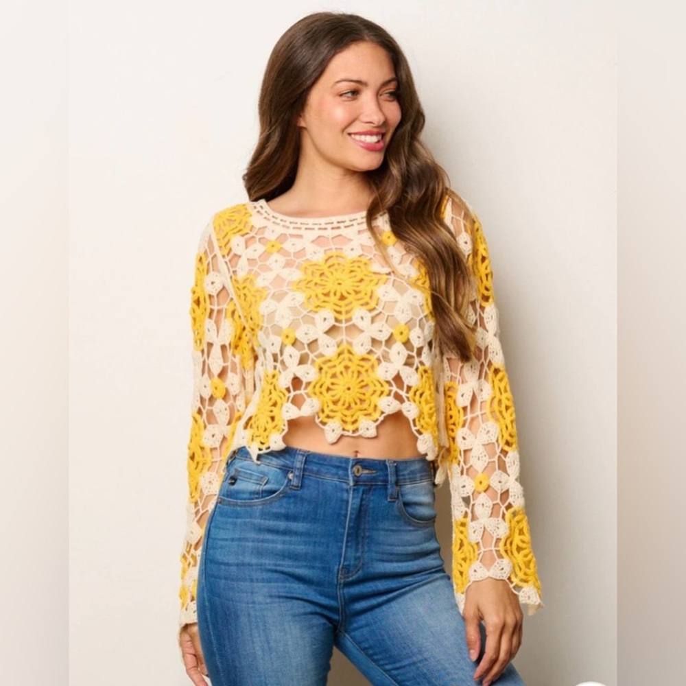 Yellow and Cream Crochet Floral Cropped Top